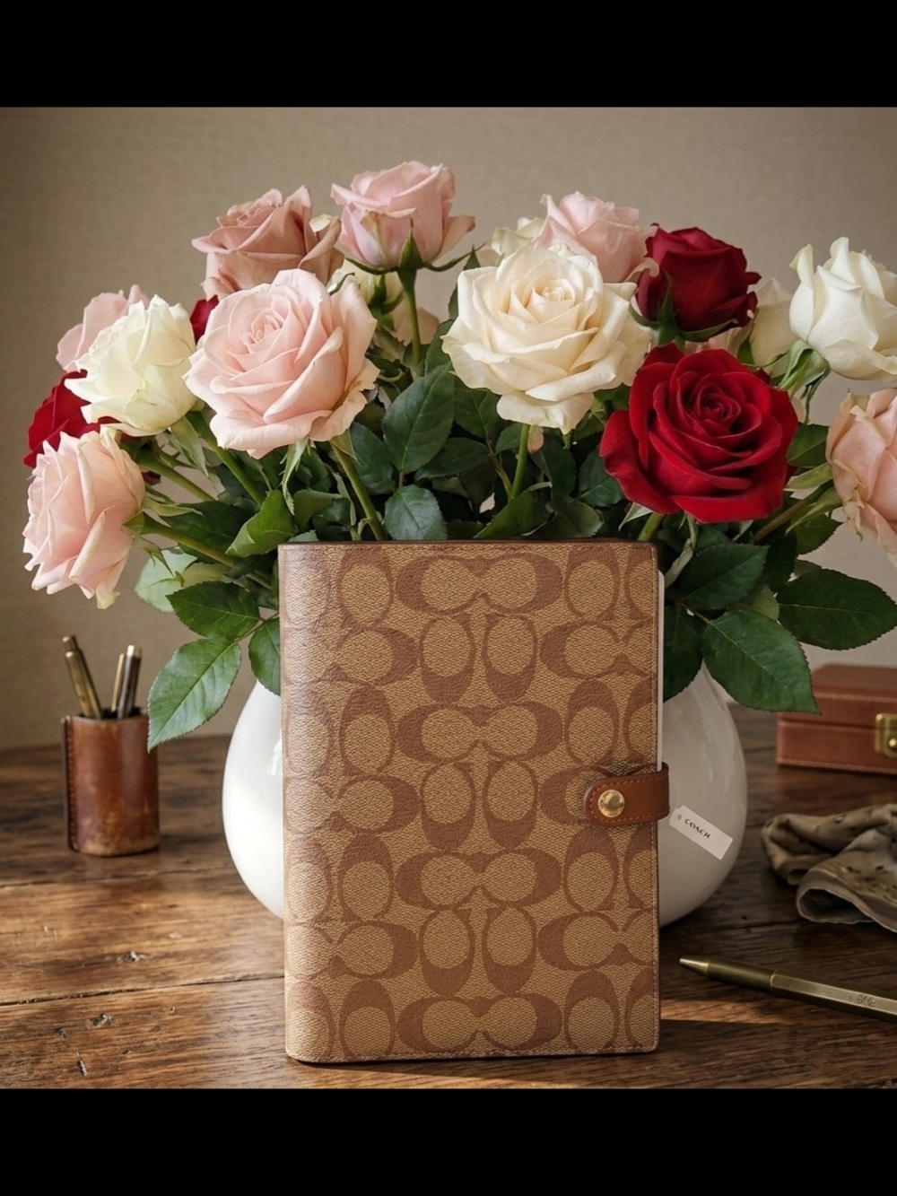New Coach Brown Signature Canvas Planner Cover with Leather Snap